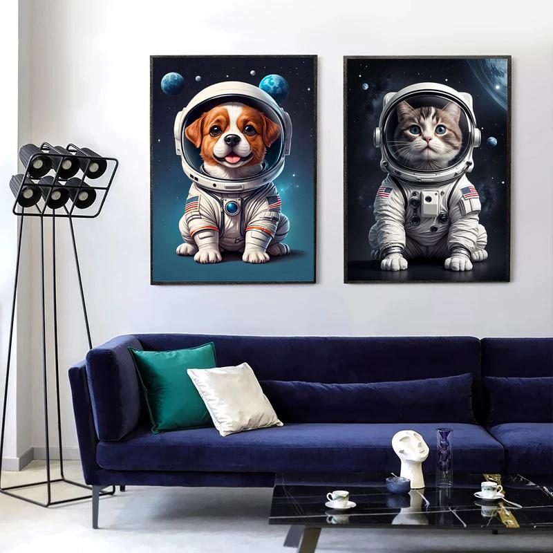 Cartoon Cute In The Universe Wearing Space Suit Animals Panda Koala Lion Cat Poster Canvas Painting Wall Art Pictures Home Decor