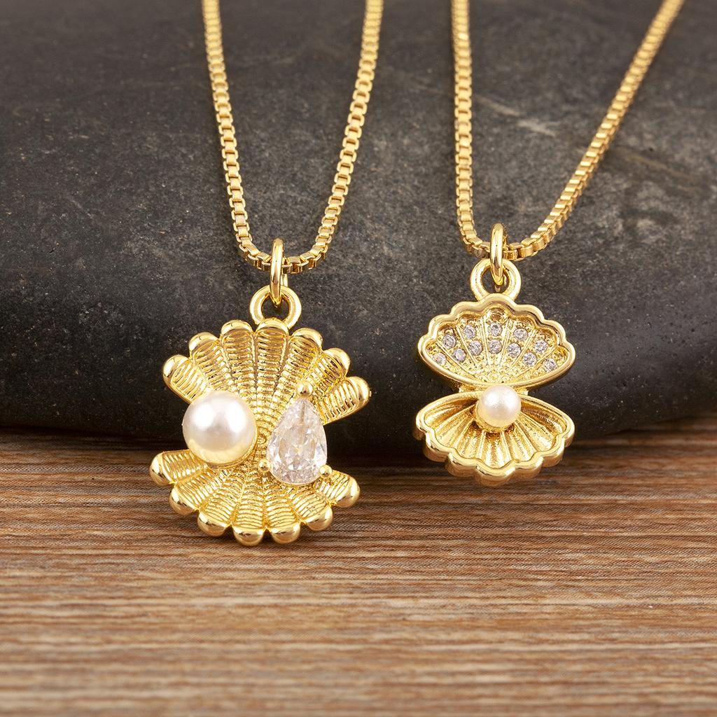 Nidin Elegant Shell Shape Inlaid Pearl Zircon Pendant Necklace For Women Female Compact Exquisite Clavicle Chain Jewelry Gifts