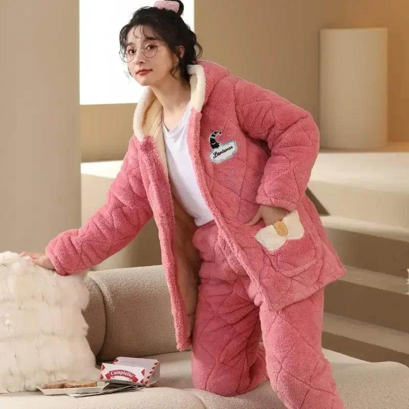 Sleepwear Women Winter Home Sleep Clothes Three Layer Thick Cotton Nightgown Flannel Coral Fleece Warm Coat Large Homewear Set