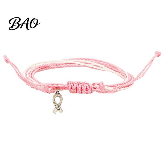 Soft Multi Strand Rope Bracelet Breast Cancer Awareness for Women, Adjustable Woven String with Heart Butterfly Alloy Pendants Ribbon Charm, Handmade