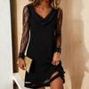 2026 Womens Elegant Lace Mesh Patchwork Long Sleeve Turtleneck A-Line Dress