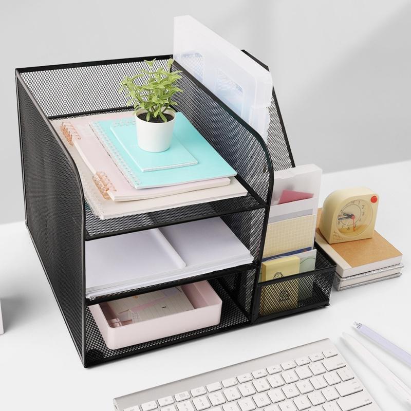 Desk Paper File Tray Organiser 3-Tiered Metal File Letter Tray With Book Rack Space Saving Document Organiser For Office