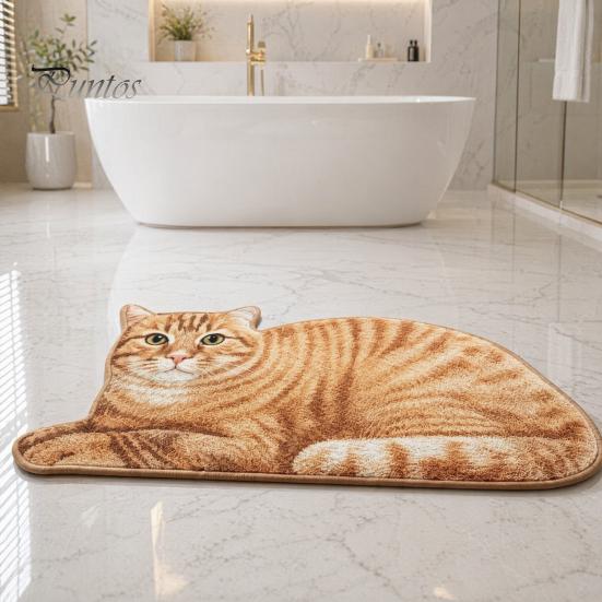 Cute Cat Floor Mat Bathroom Rug, Anti-Slip Absorbent Bath Washable Plush Tile And Wood Kitty Door for Entrance Kitchen Home Decor Anti-slip Rug