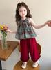 Girls' Summer Plaid Polka Dot Suspender Outfit - Sleeveless Ruffled Top & Wide-Leg Pants, Two-Piece Set for Kids