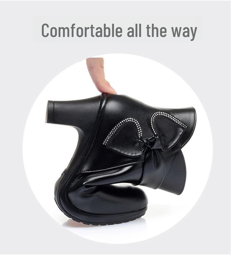 Podzimní/zimní bavlněné boty z měkké kůže pro maminky 2021 nové kotníkové boty plus sametový silný podpatek s mašlí boty pro ženy středního věku