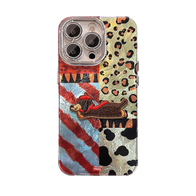 Leopard print splicing puppy lanyard suitable for Apple 16e mobile phone case 14promax advanced sense 15 autumn and winter 13 retro 7