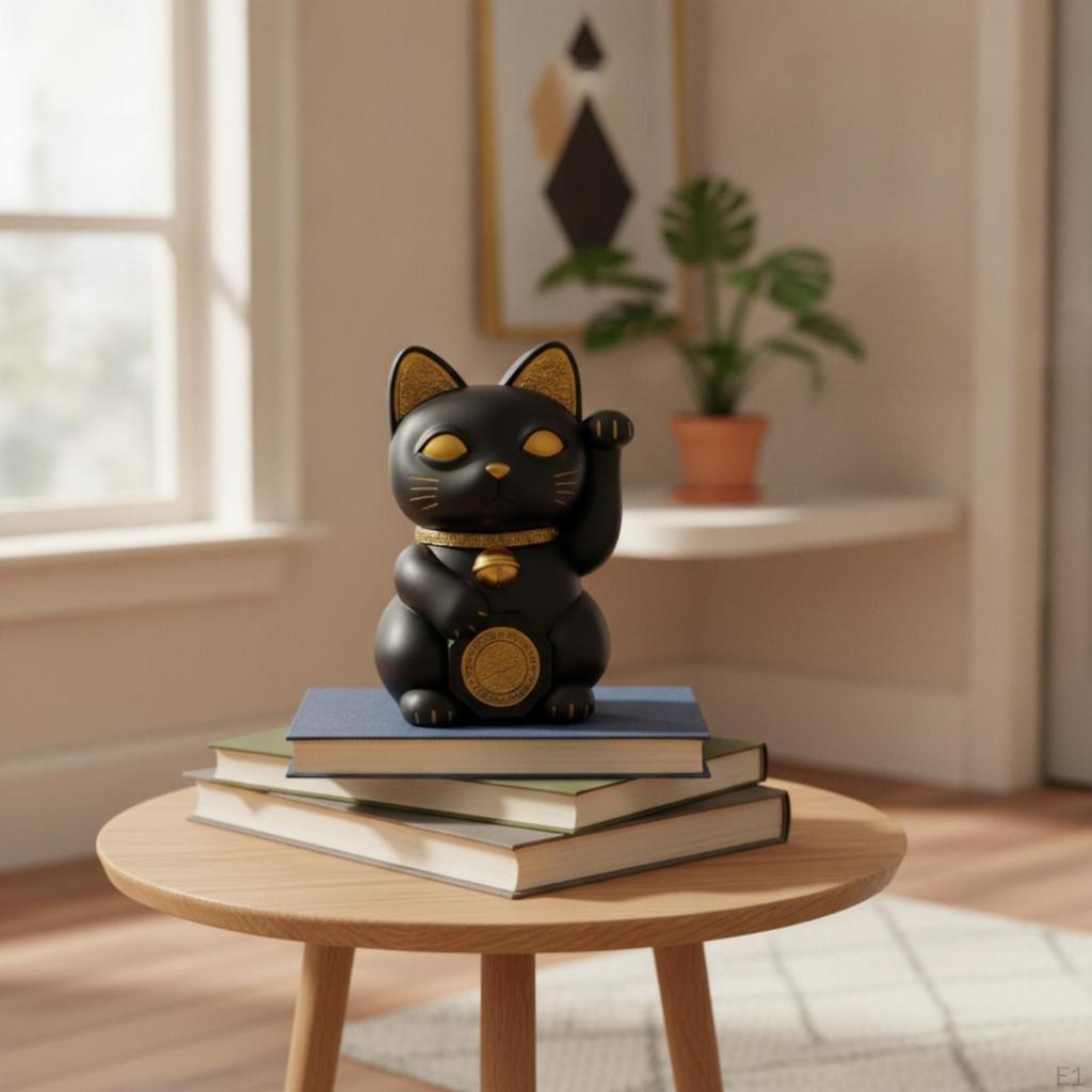 Maneki Neko Mattschwarz Harz Glückskatze Modern für Eingangsbereich, Schreibtisch
