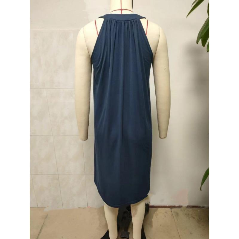 Damen ärmelloses einfarbiges Spaghettiträger-Casual-Kleid für den Strandurlaub, mittellang