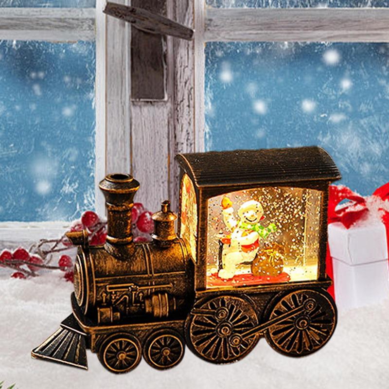Christmas Snow Globes Lantern Retro Christmas Lanterns LED Glittering Ornaments Small Train Figurines Santa Claus Snowman
