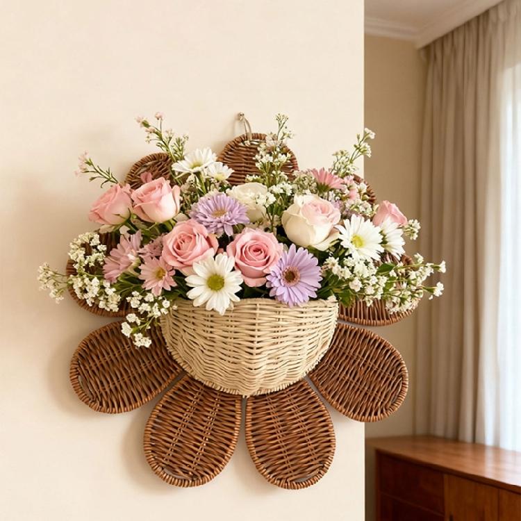 Sturdy PP Rattan Wall Hanging Basket Featuring Sunflower Decoration For Flower Presentation And Household Storage