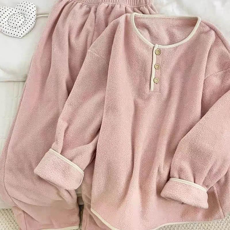 Women Suits Sets Cotton Large Size Pajamas Winter Thickened Fleece Longs Pants Two-piece Oversize 2PC Suit