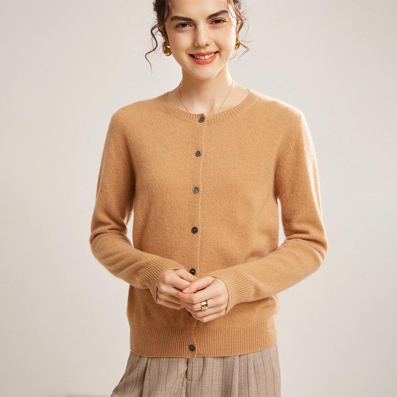 Mengyi Women's Pure Cashmere Round Neck Cardigan - Solid Color, Loose Fit, Warm Knit Outerwear for Spring/Autumn