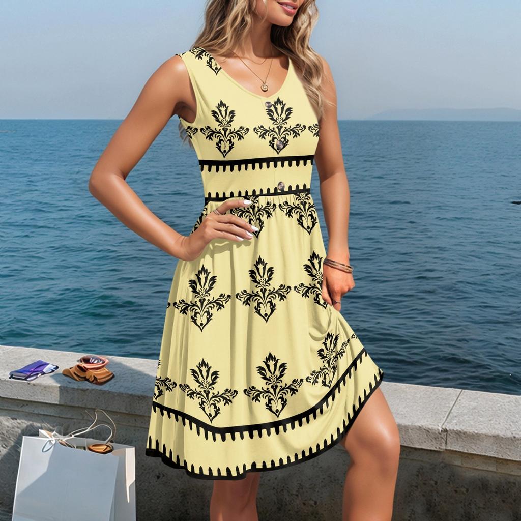 Damen Lässige Ärmellose Sommerkleider Frühling Rundhals Patchwork Boho Floral Cocktailparty Kleid