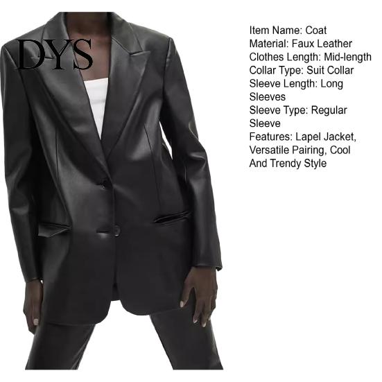 Simple Faux Leather Jacket Women Medium Length Suit Coat Solid Color Lapel Autumn Spring Single-Breasted for Daily Work Parties Dates Single-breasted