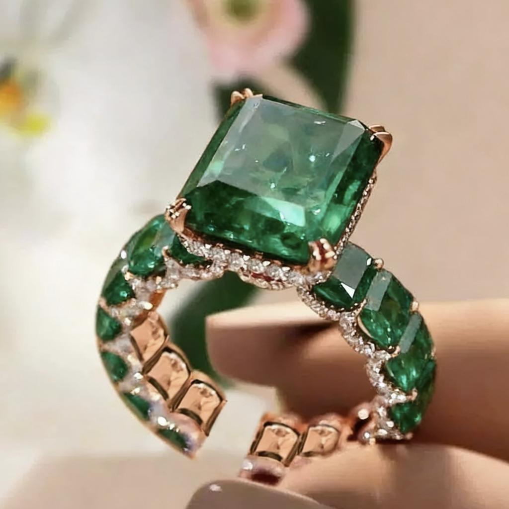 Luxury new full diamond rose gold ring with emerald women's open diamond ring ring