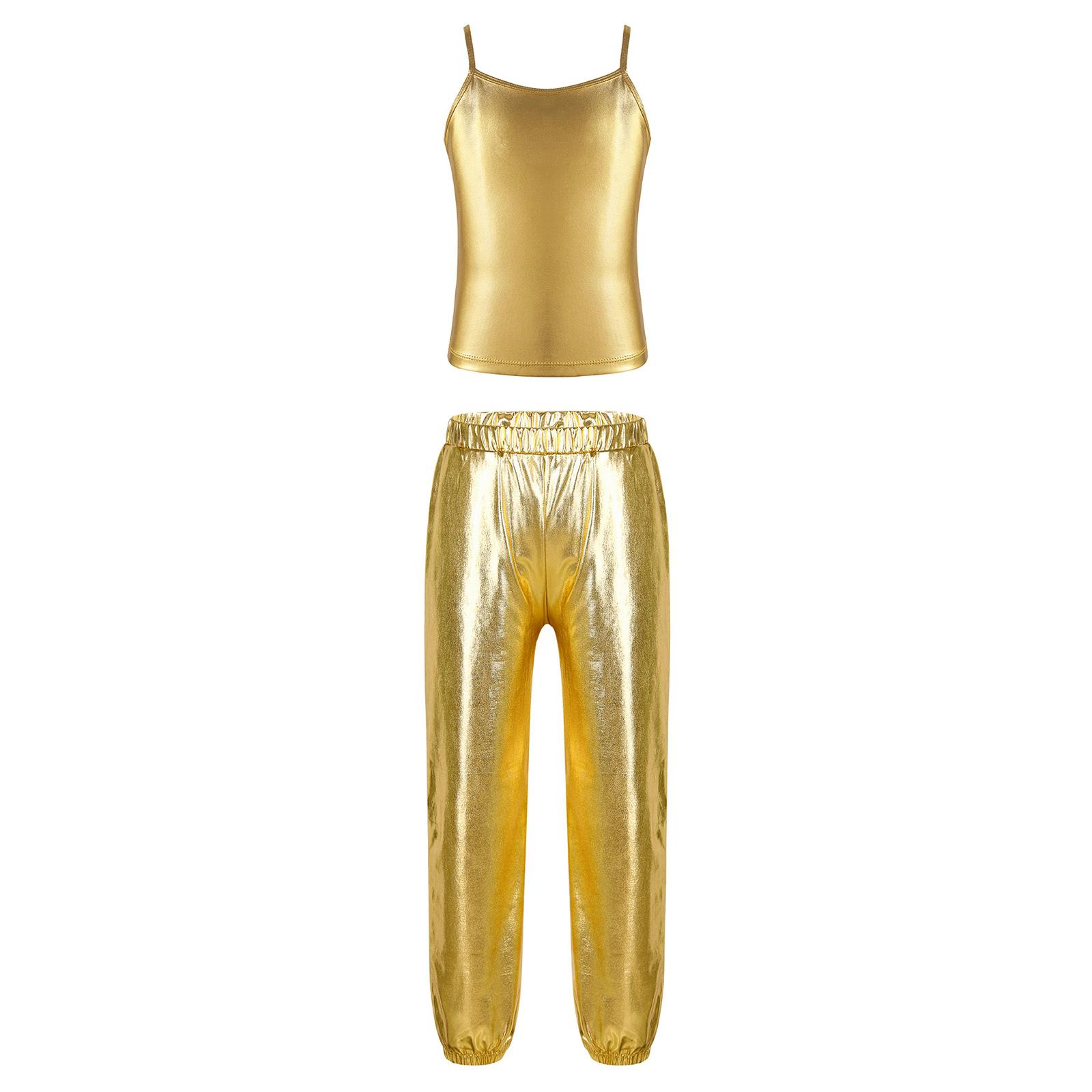

Girls Metallic Camisole Tank Top Spaghetti Straps Shiny Pants Set Dance Competition Stage Outfit 7-8 Years золотий