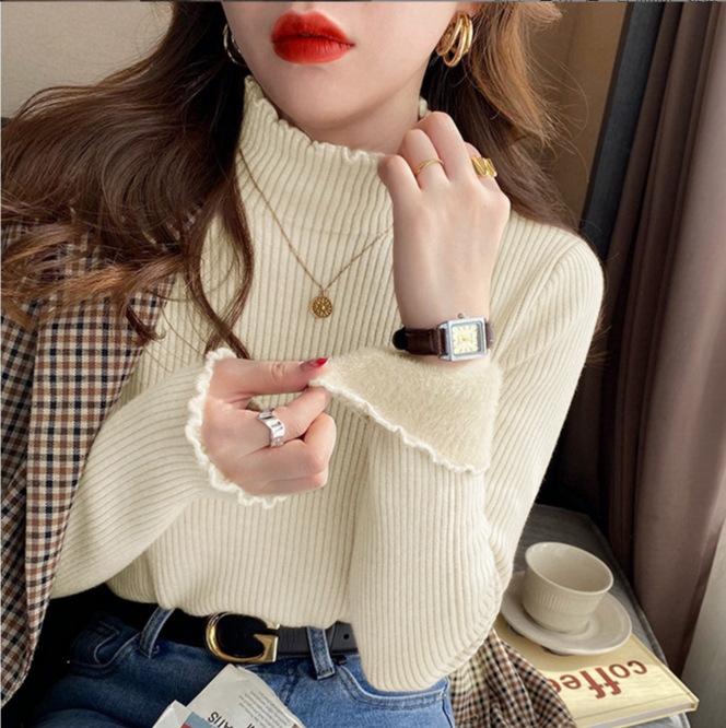 One-piece Fleece Fabric 2025 Autumn and Winter New Style Plus Velvet Thickened One-piece Fleece Women's Half-high Collar Bottoming Sweater