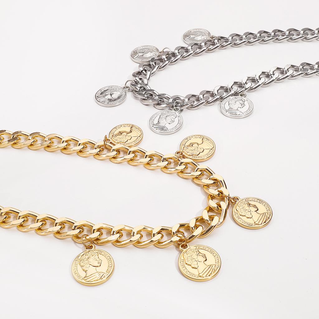 Tooxika Vintage Metal Coin Pendant Tassel Necklace Fashion Queen Image Collarbone Chain