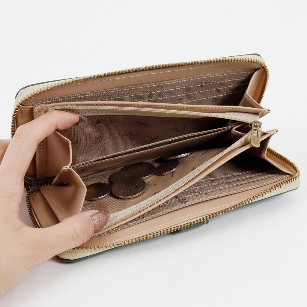 Long Round Front Cute Belt Character Embossed [Shanfy] Women's Wallet, Zipper, Pocket, Cat/Wreath Pattern, Design, (Brown)