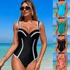 Traje de baño de una pieza a rayas de cintura alta para mujer, sexy, control de abdomen, adelgazante, para playa