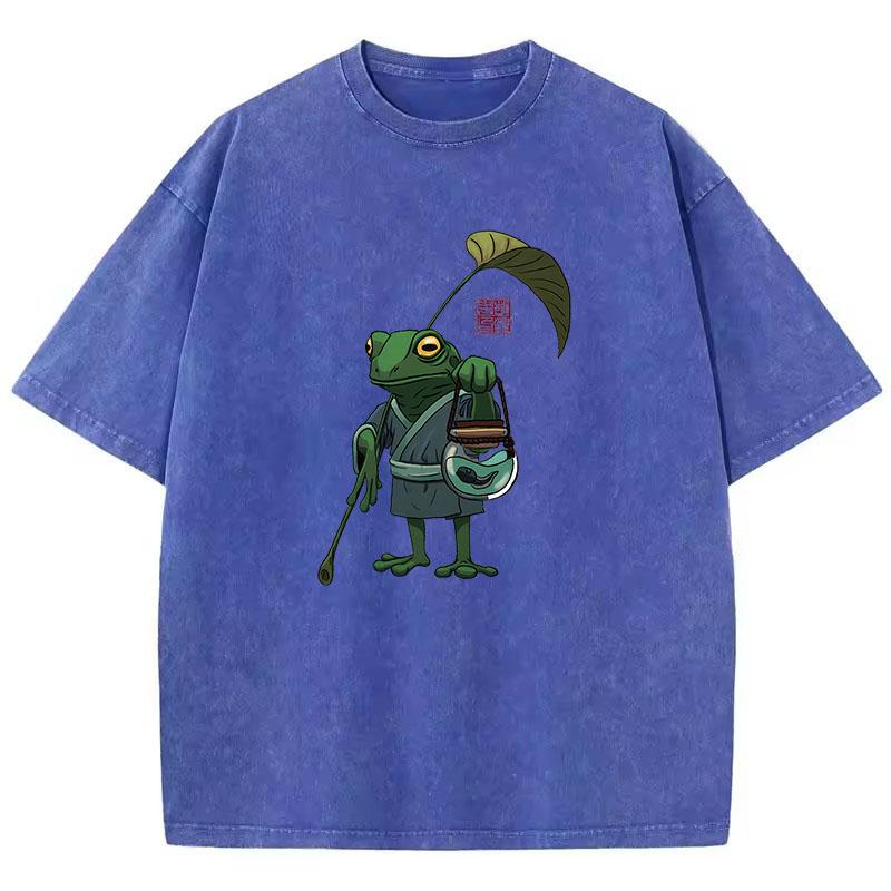 T-shirt Vintage Płukana Bawełna Styl Japoński Żaba Grafika Anime T-shirt Casual Streetwear Wiosna Lato