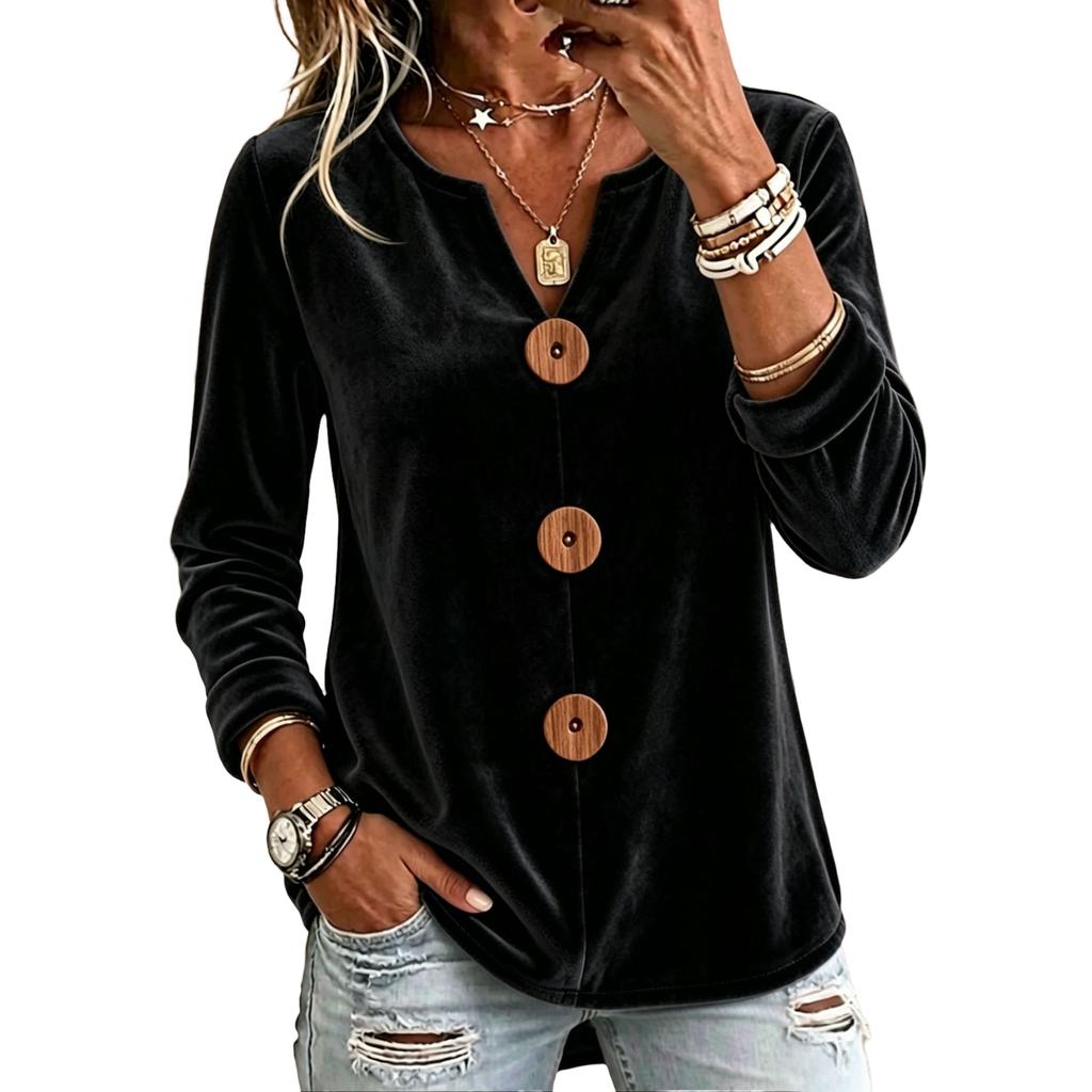 Elegante Dames Top met Lange Mouwen, V-Hals en Knopen van Fluweel voor Werk en Avondkleding