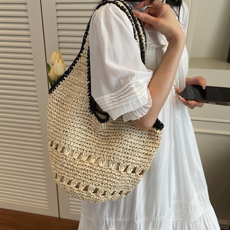 Yogodlns Straw Tote Bag Large Capacity Straw Bag For Women Woven Fashion Handmade Boho Shoulder Bag High-end Seaside Vacation Beach Bag