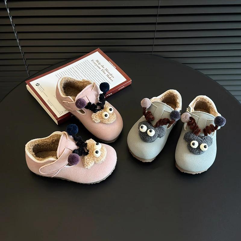 2024 Kids Plush Flats for Girls Winter New Fashion Korean Cute Style Soft Anti-slippery Versatile Chic Keep Warm Leather Shoes