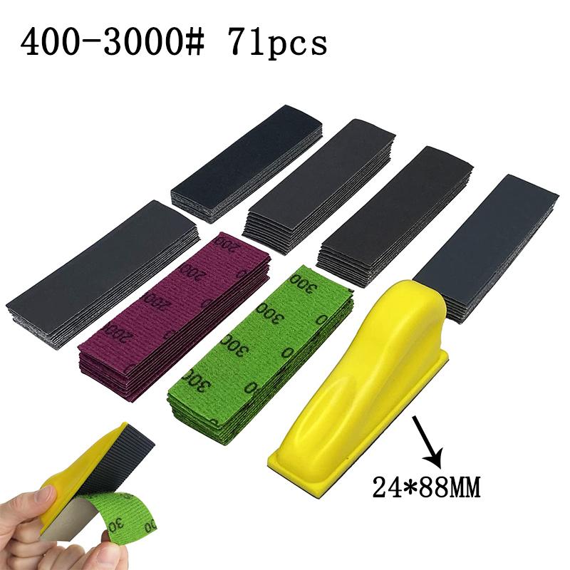Micro Detail Sander Paper Kit 71-131Pcs Wet Dry Sandpaper Assorted Grit 3.5”x 1”Hand Sanding Block with Hook and Loop Sanding