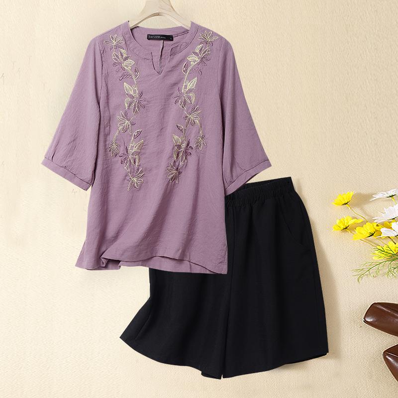 ZANZEA Women 3/4 Sleeve Embroidery Blouse and Shorts Summer Two Piece Suit Sets