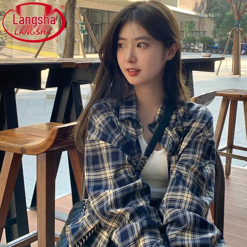 Langsha Women's Vintage Loose Fit Long Sleeve Button-Down Shirt