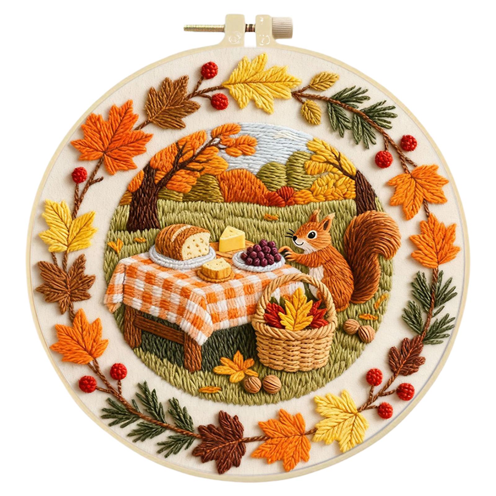 Autumn DIY Embroidery Kit with Embroidery Hoop Hand Sewing Kit 29x29cm Starter Embroidery Kit for Beginners Craft Lovers Gift