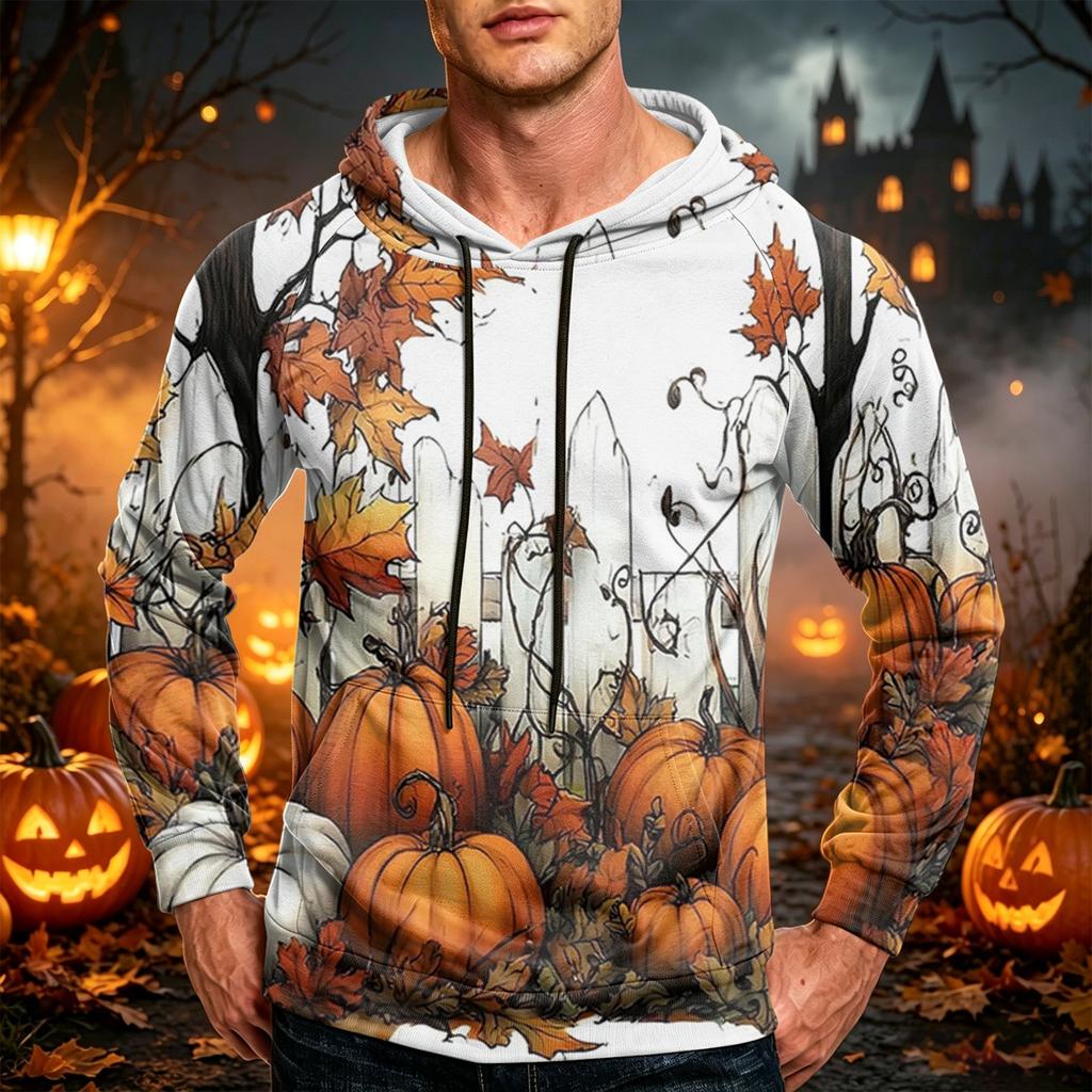Men's Casual Loose Fit Printed Hoodie with Kangaroo Pocket and Drawstring for Everyday Wear