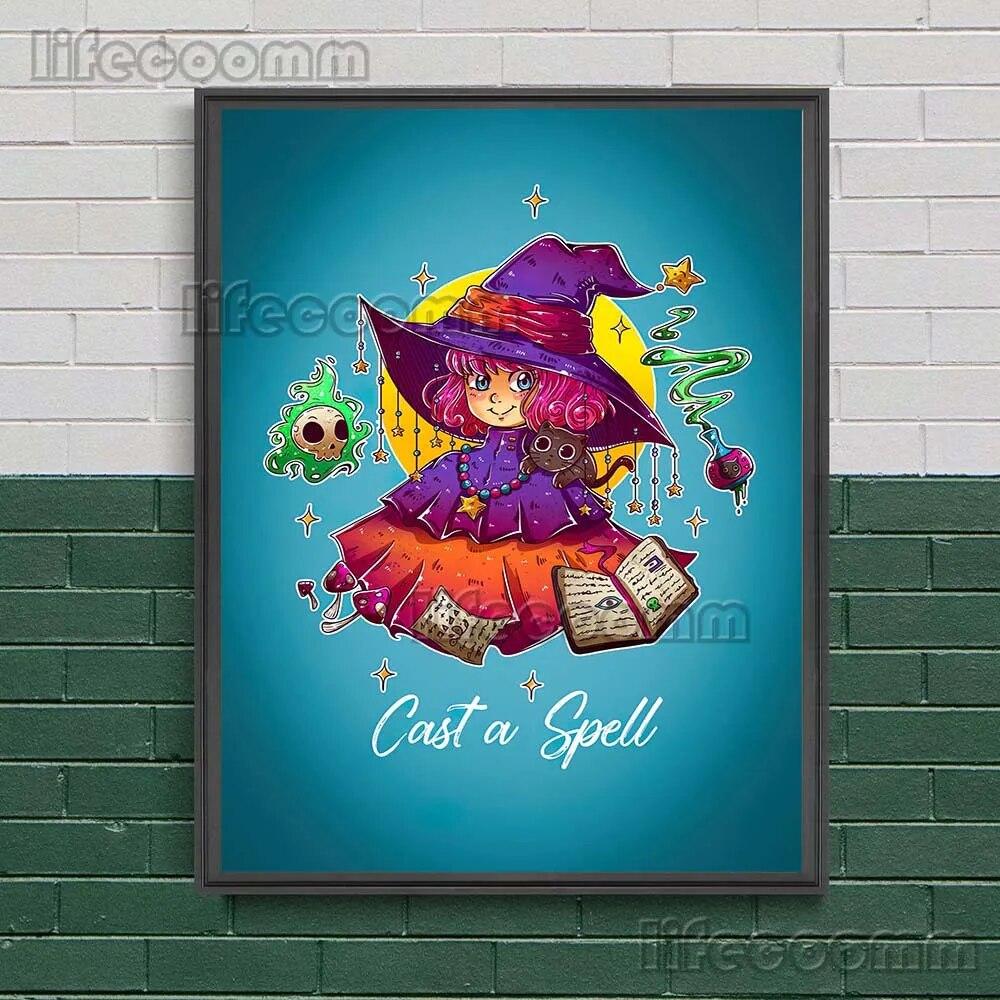 Sonne und Mond Cartoon Bild Kunst Poster, Stern Hexe und Zauberer Katze lustige Wand Kunst Leinwand Malerei Pilz Fee Poster Druck Dekor kein Rahmen
