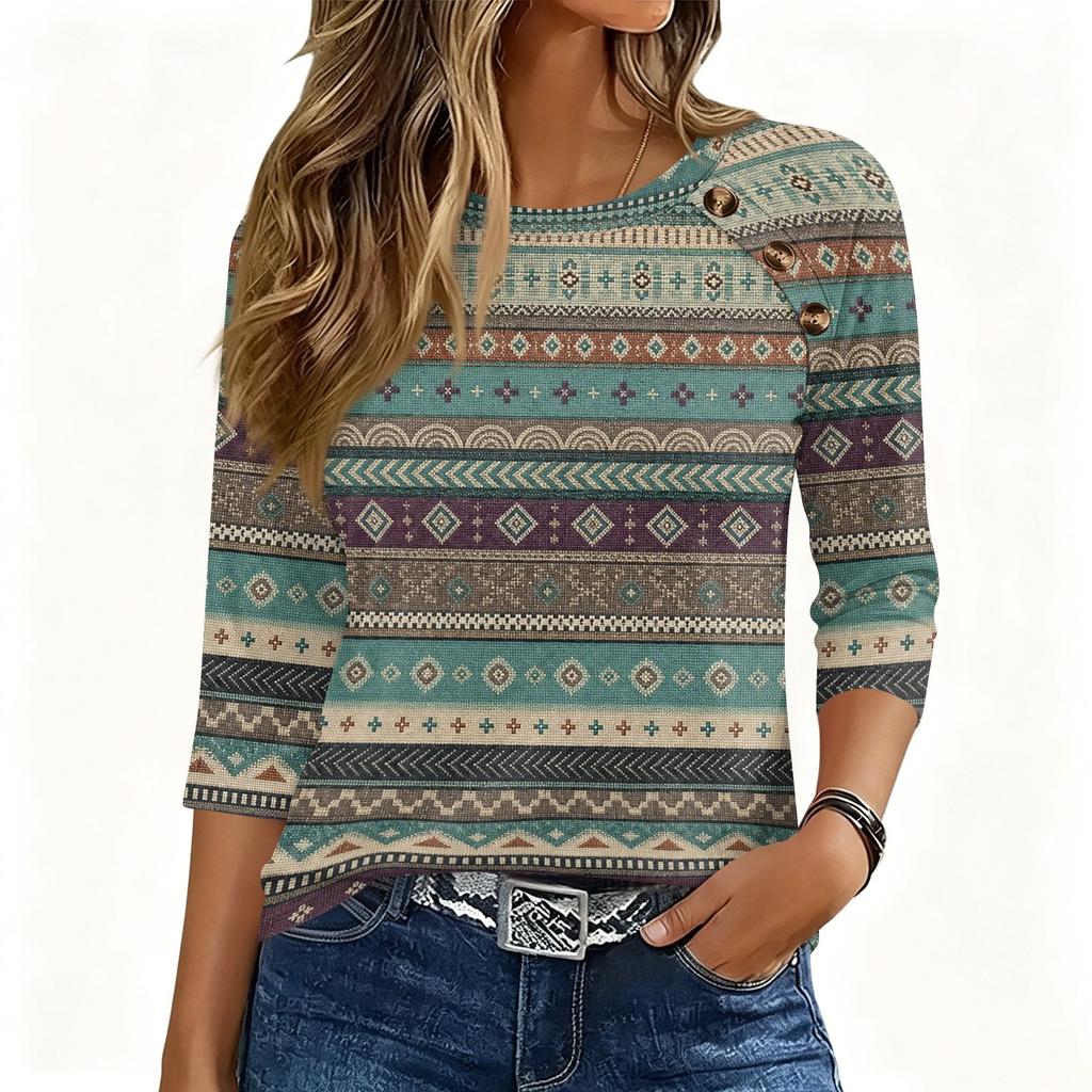 Womens 34 Sleeve Crew Neck Button T Shirt Geometric Pattern Pullover Casual Loose Fit Top for Daily Wear
