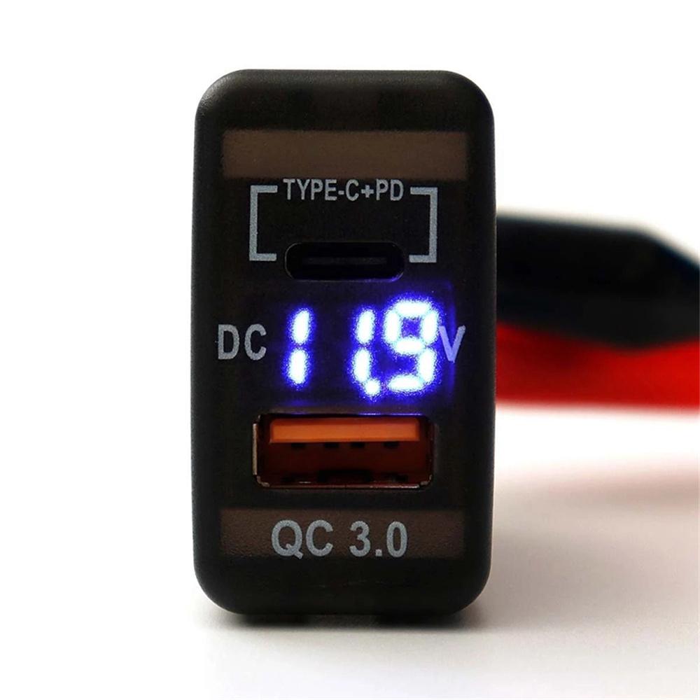 Dual Port Type-C+PD QC3.0 Charger Adapter Dashboard Socket Voltmeter For Toyota