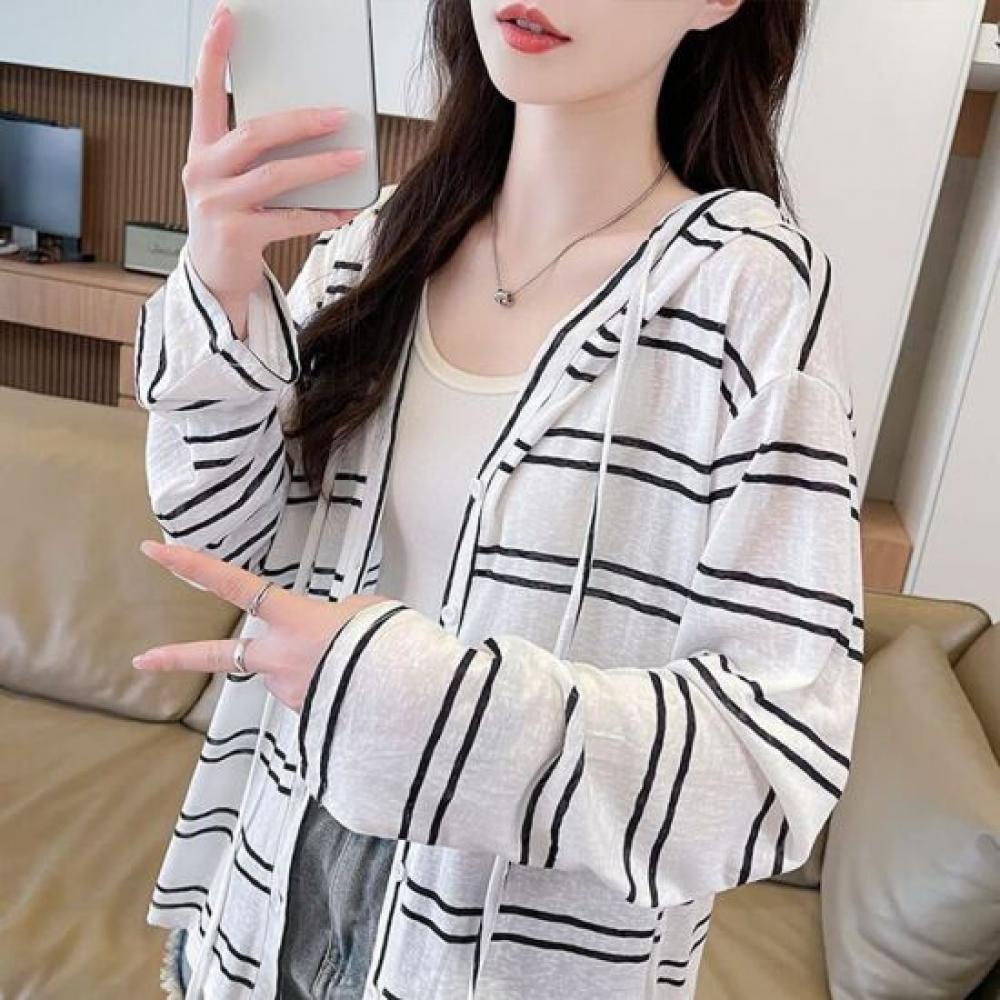 Navava Women Daily Uv Stripe Long Sleeve Hoodie Outer Nc488