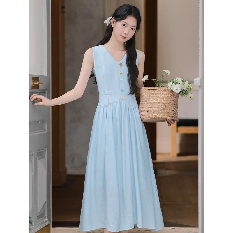 Summer Sweet Xiaoqing Vacation Style Solid Color Waist Vest Skirt Women's Sleeveless Dress