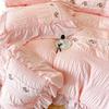 French Embroidered Lace Bubble Gauze Bedding Set Pink Elegant Princess Style Queen Duvet Cover Set Ruffled Comforter Cover Sets