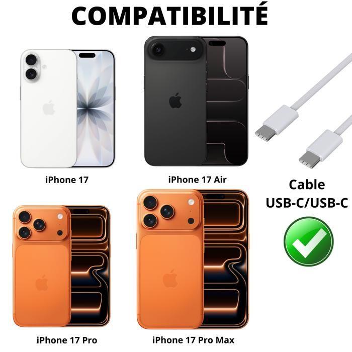 Lot 2 Cables USB-C USB-C pour iPhone 17 / iPhone 17 AIR / iPhone 17 PRO / iPhone 17 PRO MAX -Câble nylon tressé 2 mètres Phonillico®