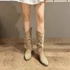 Fashion Hollow Embroidered Retro Western Boots Women Pu Leather Knight Booties New 2025 Autumn Chunky Heels Knee High Woman Cowboy Boots