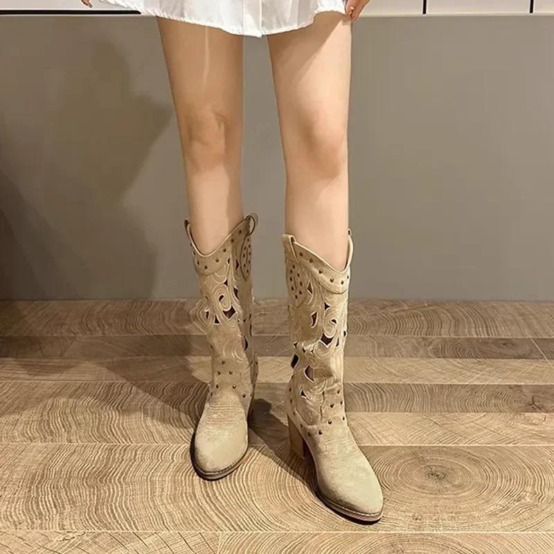 Fashion Hollow Embroidered Retro Western Boots Women Pu Leather Knight Booties New 2025 Autumn Chunky Heels Knee High Woman Cowboy Boots