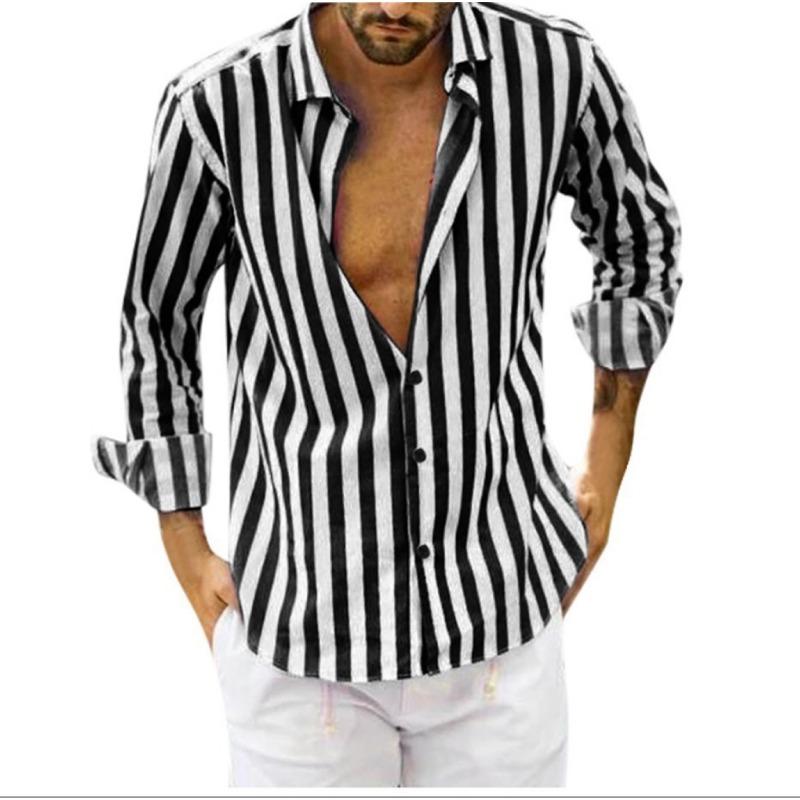 Europe and The United States New Foreign Trade Long Sleeve Lapel Striped Shirt Loose Shirt Men