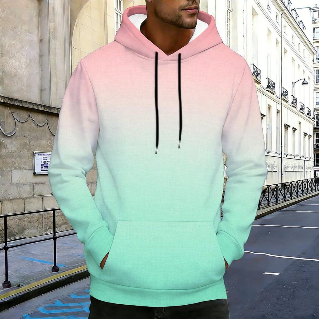 Men Plus Size Green Brown White Tie Dye Printed Long Sleeve Drawstring Hoodie Kangaroo Pocket Pullover