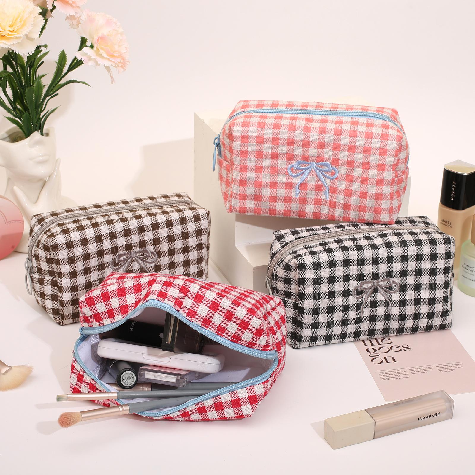 Trendy Plaid Makeup Bag Embroidered Bow Octagonal Cosmetics Organizer Makeup Pouch Portable Travel Organizer Bags Toiletries Bag