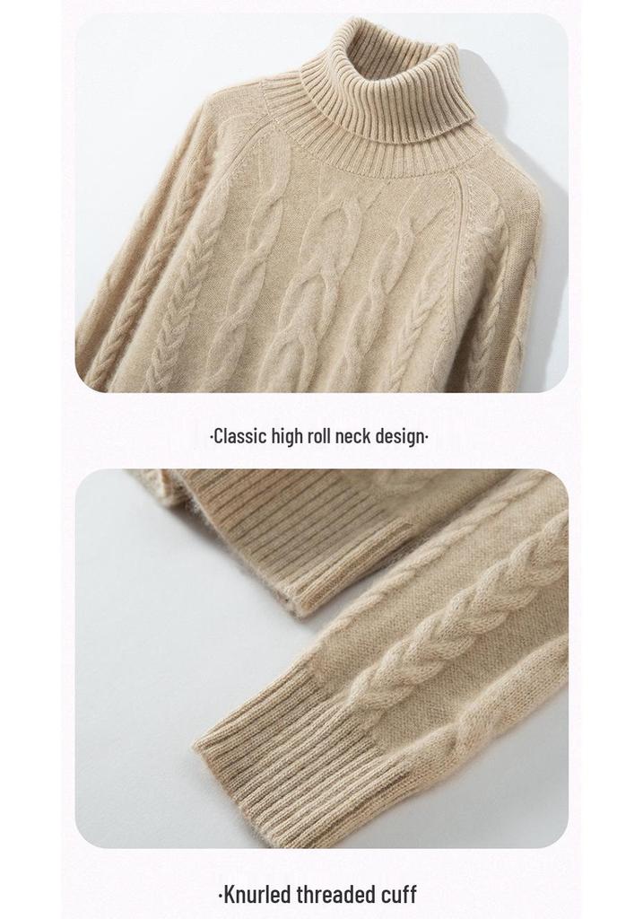 Women's High Neck Cable Knit Cashmere Sweater, Slimming Long Sleeve Thick Pullover for Autumn and Winter