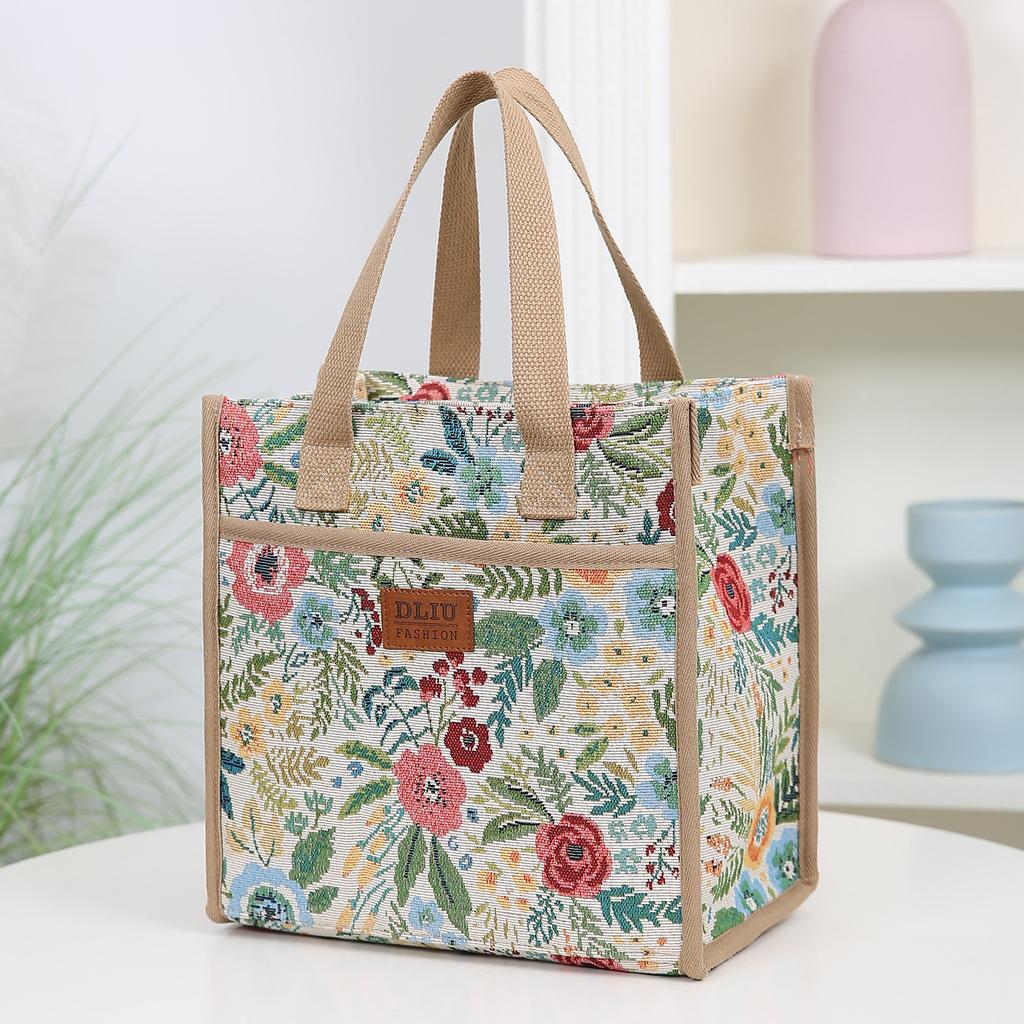 Thick Knitted Floral Fabric Tote Bag, Lunch Bag, Bento Bag, Large Capacity Portable Storage Bag, Handbag