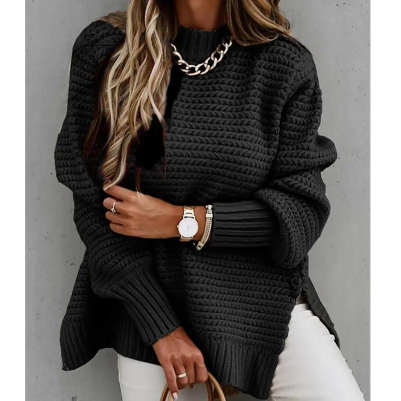 Knit Sweaters Women Half High Collar Full Sleeve Thick Splice Jumpers Solid Casual Split Pullovers Office Lady Elegant