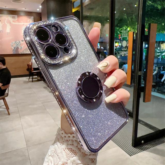 Gradient Glitter Ring Holder Phone Case For Iphone 14 13 12 11 Pro Max Xs Max Xr 14plus Shining Plating Cover Shockproof Clear