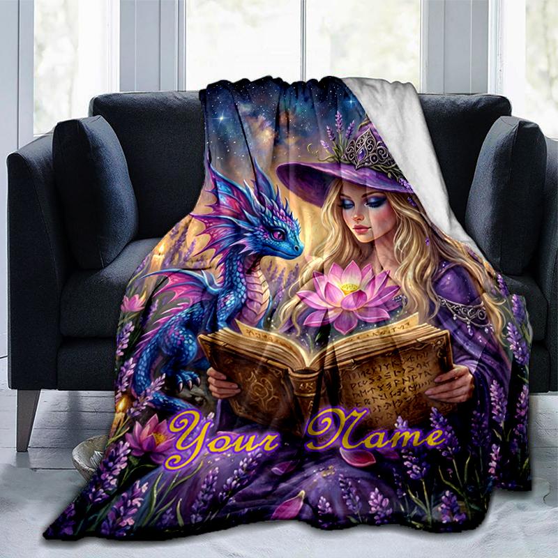 1PC Custom Name Witch Dragon Magic blanket versatile,all-season throw suitable for the living room,bedroom,camping,travel,and gift